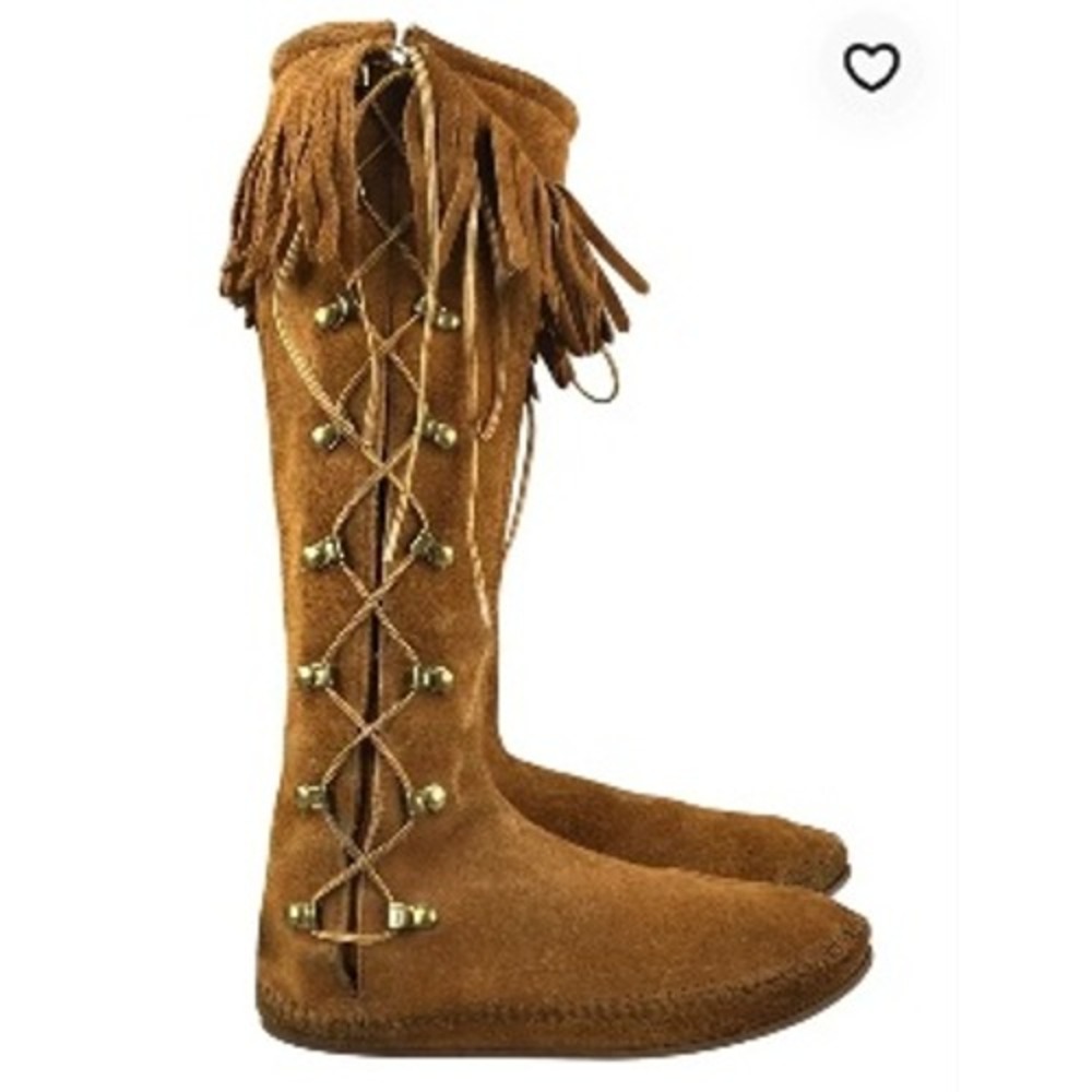 Vintage Minnetonka Brown Suede Fringe Tall Moccasin Boots Lace Up Made‎ in USA 8